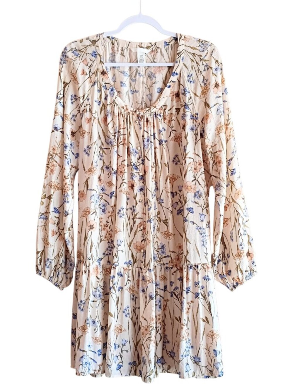 H&M Womens Tunic Dress Cream Blue Floral Tiered V Neck Balloon Sleeve MEDIUM